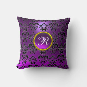 PURPLE BLACK DAMASK GEMSTONE MONOGRAM THROW PILLOW