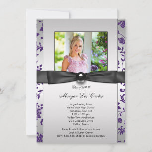 Purple Black Damask Girls Photo Graduation Invitation