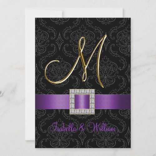 Purple Black Damask Gold Initial M Wedding Invite