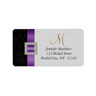 Purple Black Damask Gold Initial Wedding RSVP Label