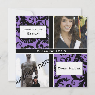 Purple & Black Damask Graduation Invitation