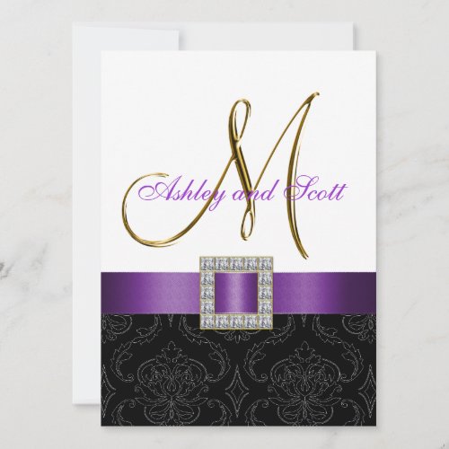 Purple Black Damask Initial Wedding Invite