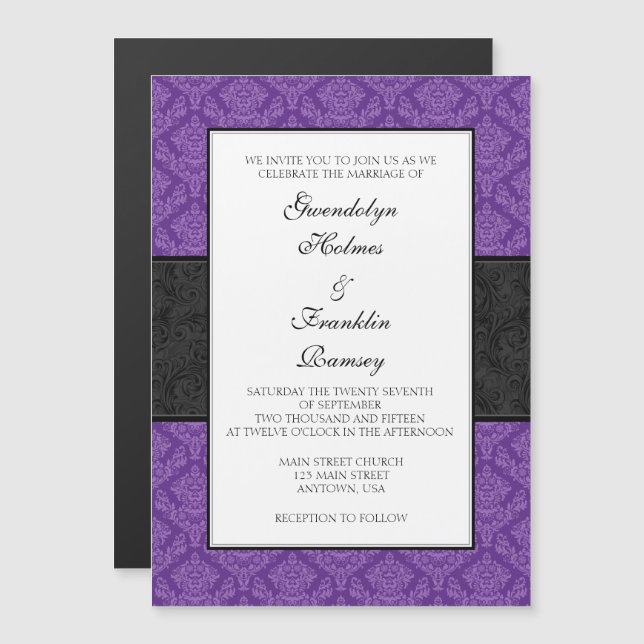 Purple Black Damask Magnetic Wedding Invites (Front/Back)