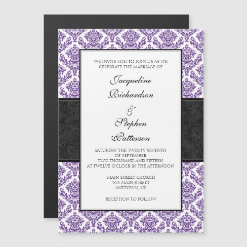 Purple Black Damask Magnetic Wedding Invites