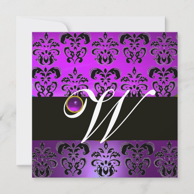 PURPLE BLACK DAMASK MONOGRAM AMETHYST SILVER METAL INVITATION (Front)