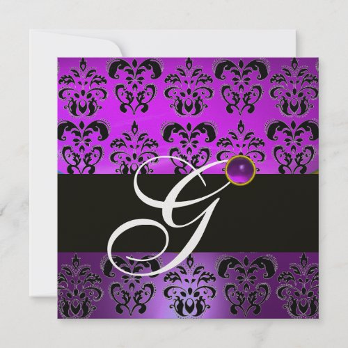 PURPLE BLACK DAMASK MONOGRAM AMETHYST WHITE ICE INVITATION