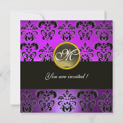 PURPLE BLACK  DAMASK MONOGRAM grey agate Invitation