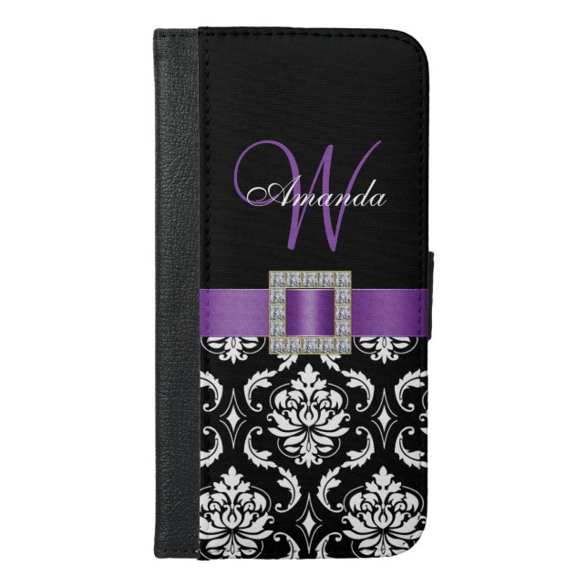PURPLE, BLACK DAMASK MONOGRAM iPhone WALLET CASE (Front)