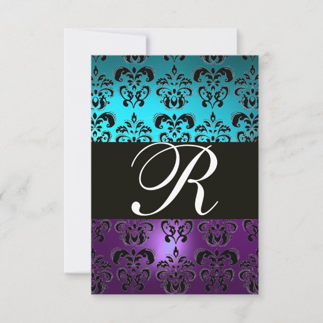 PURPLE BLACK DAMASK MONOGRAM RSVP ,blue turquase Card (Front)