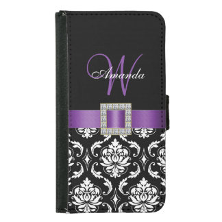 PURPLE, BLACK DAMASK MONOGRAM WALLET PHONE CASE FOR SAMSUNG GALAXY S5