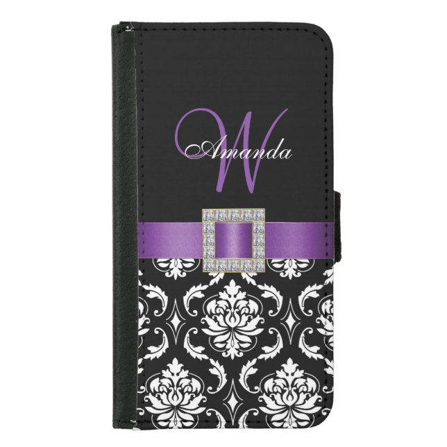 PURPLE, BLACK DAMASK MONOGRAM SAMSUNG GALAXY WALLET CASE (Front)
