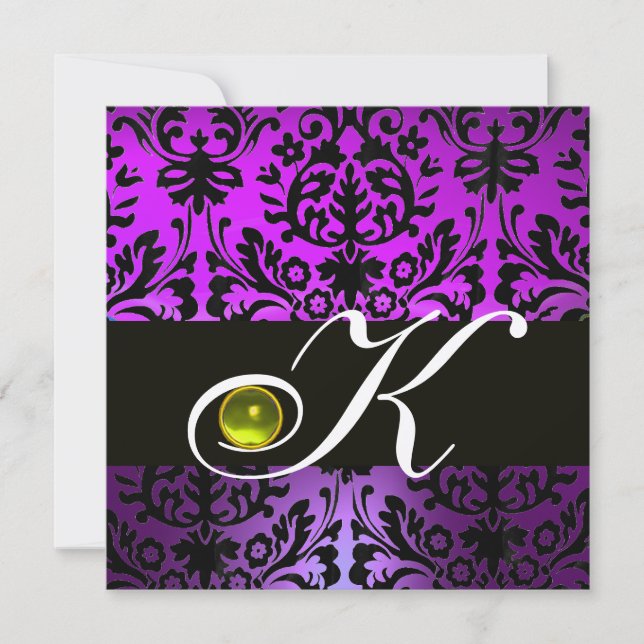 PURPLE BLACK DAMASK MONOGRAM YELLOW TOPAZ INVITATION (Front)