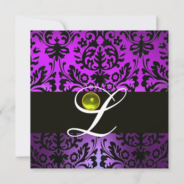 PURPLE BLACK DAMASK MONOGRAM YELLOW TOPAZ INVITATION (Front)