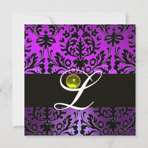 PURPLE BLACK DAMASK MONOGRAM YELLOW TOPAZ INVITATION