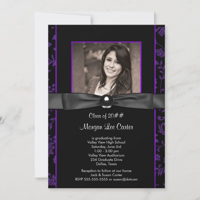 Purple Black Damask Photo Graduation Invitation (Front)