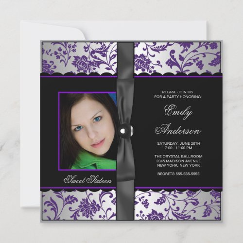 Purple Black Damask Photo Sweet 16 Party Personalized Invites