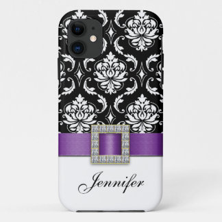 Purple Black Damask Printed Ribbon Jewel iPhone 11 Case