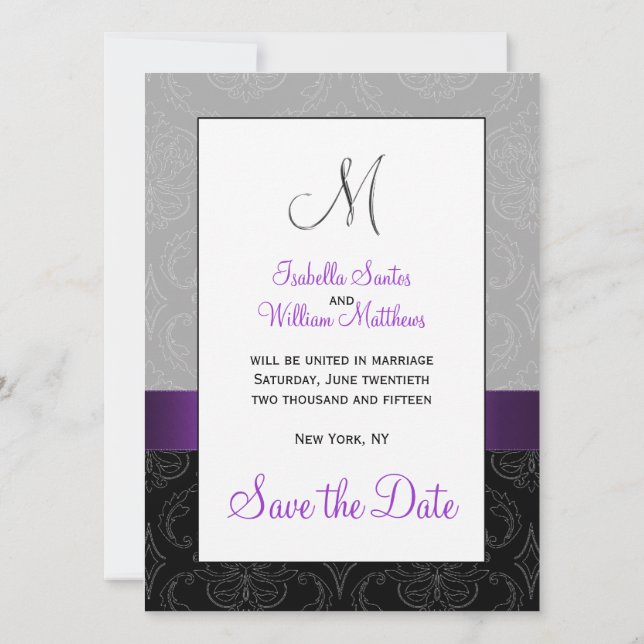Purple Black Damask Silver Initial Save the Date (Back)