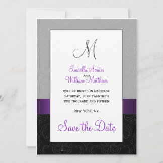 Purple Black Damask Silver Initial Save the Date