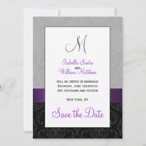 Purple Black Damask Silver Initial Save the Date