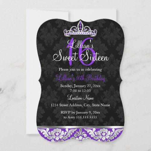 Purple Black Damask  Tiara Sweet 16 Invite