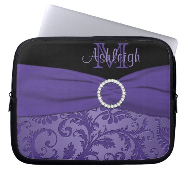 Purple Black Damask with FAUX Ribbon Laptop Sleeve (Front)