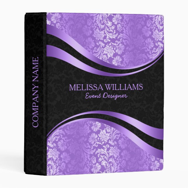 Purple & Black Damasks Modern Geometric Design Mini Binder (Front/Spine)