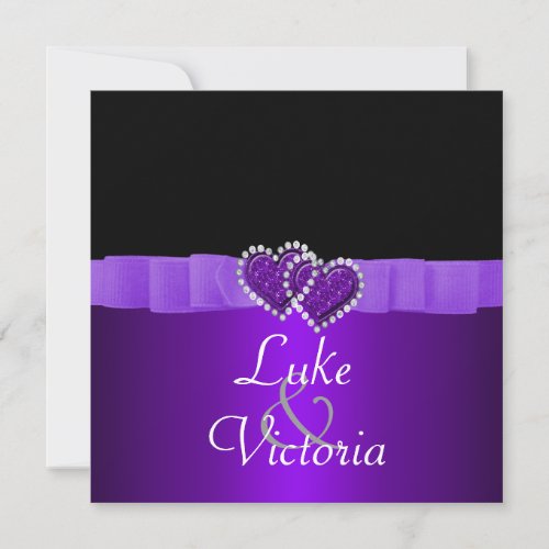 Purple  Black Diamond Locking Hearts Wedding Invitation