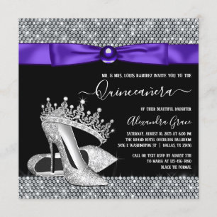 Purple Black Diamond Tiara Shoe Quinceanera Invitation