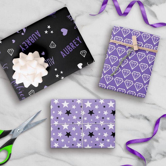 Purple Black Diamonds Hearts Stars Add Name Wrapping Paper Sheets (Creator Uploaded)