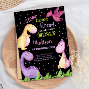 Purple Black Dinosaur Birthday Invitations