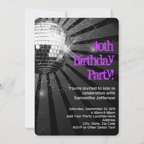 PurpleBlack Disco Ball 40th Birthday Party Invitation