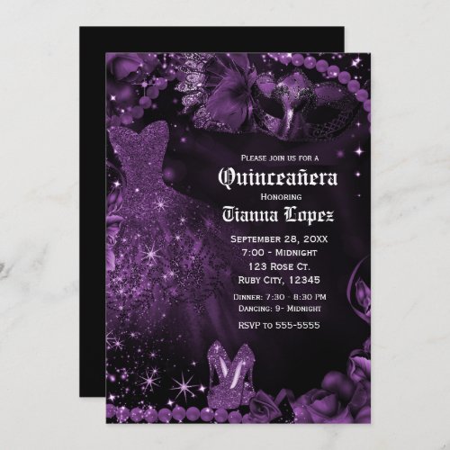 Purple Black Dress Masquerade Quinceaera 15 Party Invitation