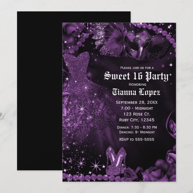 Purple Black Dress Masquerade Sweet 16 Birthday  Invitation (Front/Back)