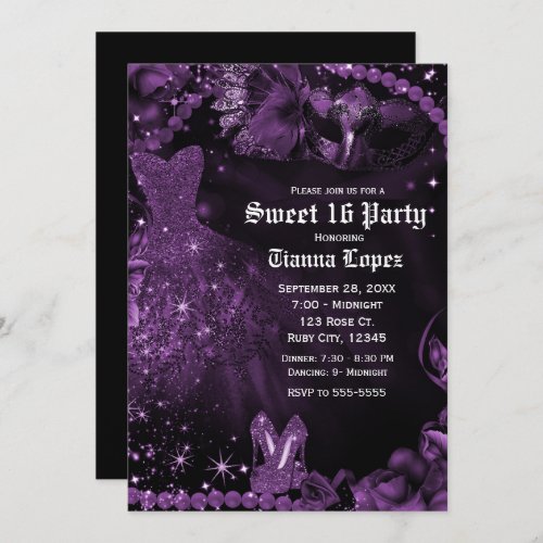 Purple Black Dress Masquerade Sweet 16 Birthday  Invitation