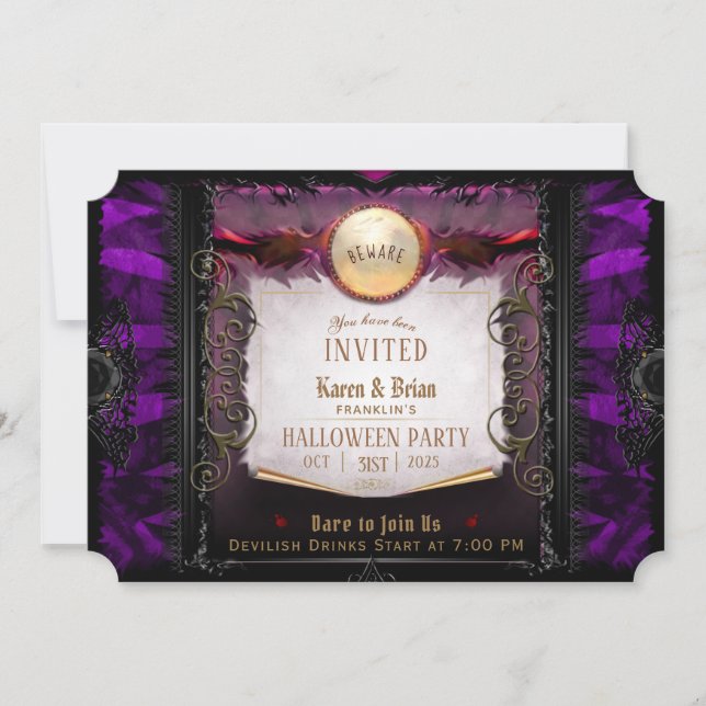 Purple & Black Elegant Halloween Party Note Invitation (Front)