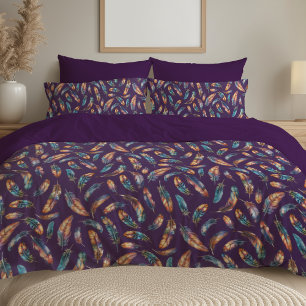 Purple Black Feather Print - Reversible Boho Art Duvet Cover