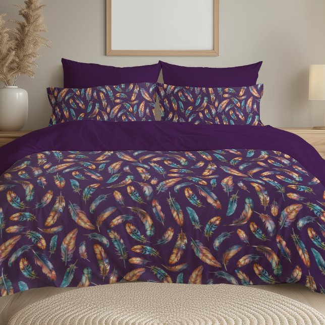 Purple Black Feather Print - Reversible Boho Art Duvet Cover (Creator Uploaded)