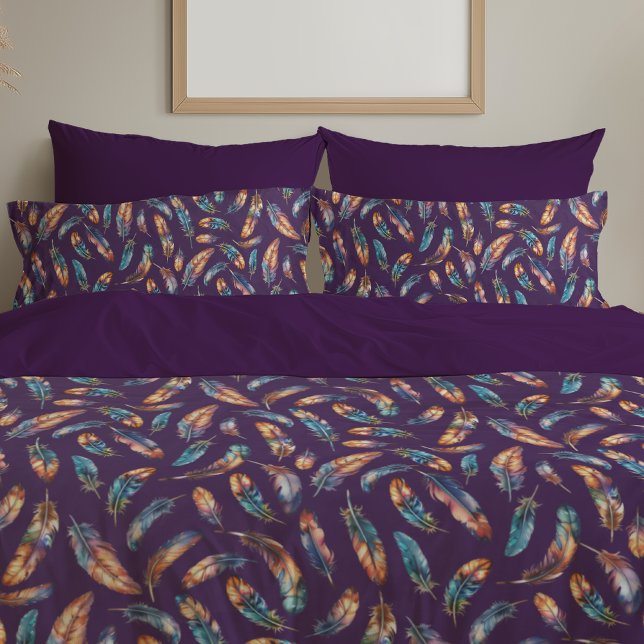 Purple Black Feather Print - Reversible Boho Art Pillow Case (Creator Uploaded)