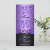Purple, Black Floral Joined Hearts Menu Card (Standing Front)