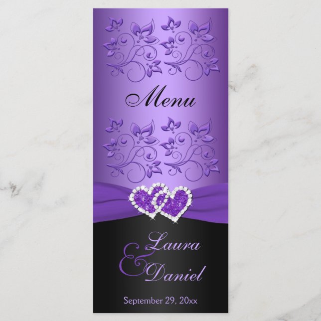 Purple, Black Floral Joined Hearts Menu Card (Front)