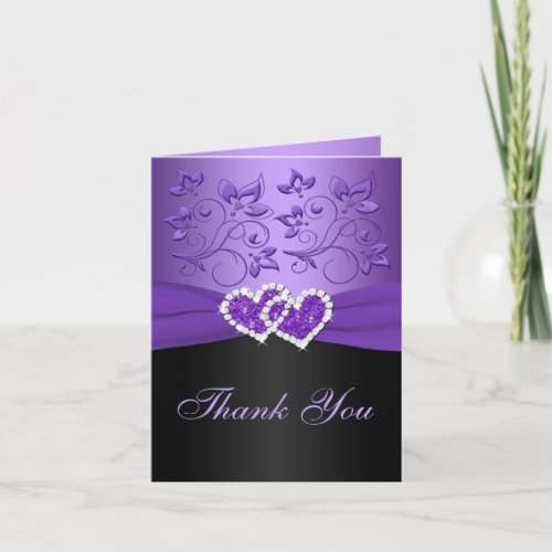 Purple Black Floral Joined Hearts Thank You Card