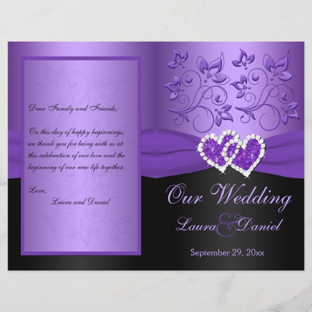 Purple, Black Floral Joined Hearts Wedding Program (Front)