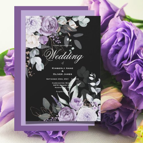 Purple  Black Floral Modern Wedding Invitation