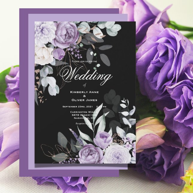 Purple & Black Floral Modern Wedding Invitation (Creator Uploaded)