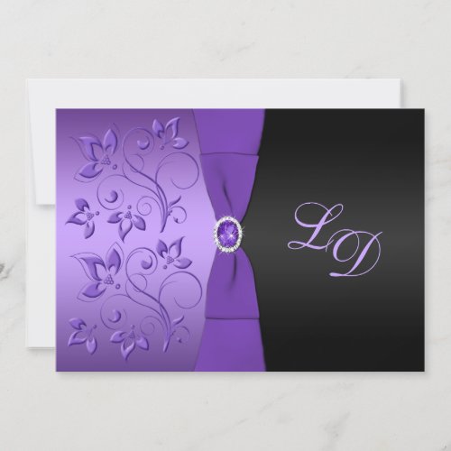 Purple Black Floral Monogram Wedding Invitation