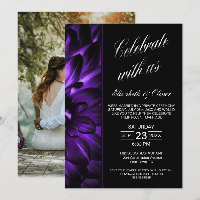 Purple Black Floral Photo Wedding Reception Invitation (Front/Back)