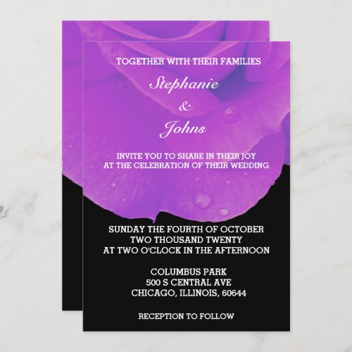 Purple Black Floral Rose Art Elegant Cool Wedding Invitation