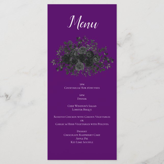 Purple Black Floral Wedding Gothic Menu (Front)