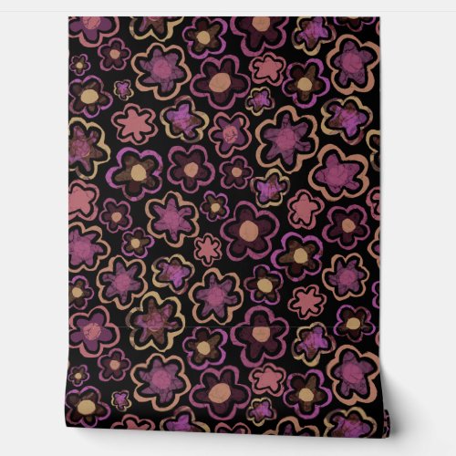 Purple Black Flower Pattern Hand Drawing Floral Wallpaper